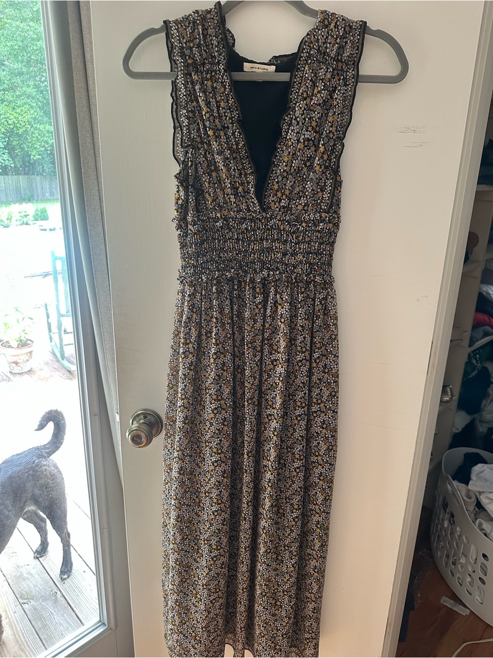 Smocked Floral Maxi Dress in Black and Mustard